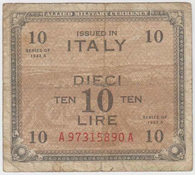 Банкнота. Италия. Американская оккупация. 10 лир 1943 год. Тип М19а.