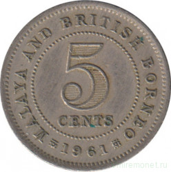 Монета. Малайя и Британское Борнео (Малайзия). 5 центов 1961 год.