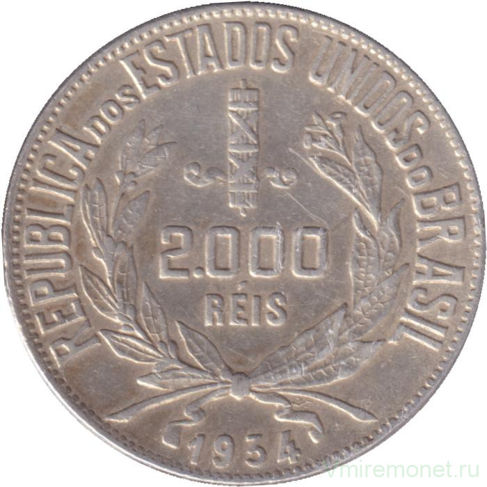 Монета. Бразилия. 2000 рейсов 1934 год.