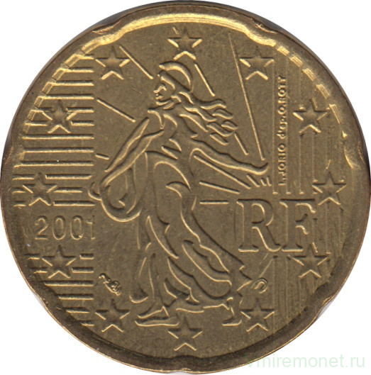 Монета. Франция. 20 центов 2001 год.