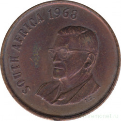 Монета. Южно-Африканская республика (ЮАР). 1 цент 1968 год. Окончание президентства Чарльза Сварта. Аверс - "SOUTH AFRICA".