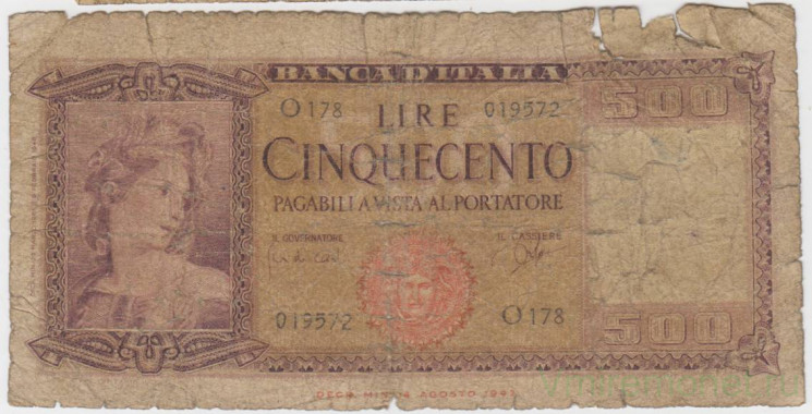 Банкнота. Италия. 500 лир 1947 год. Тип 80а.