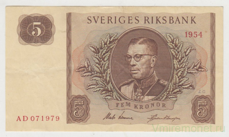Банкнота. Швеция. 5 крон 1954 год.