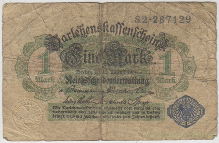 Банкнота. Кредитный билет. Германия. Германская империя (1871-1918). 1 марка 1914 год. С фоновой сеткой. Печать и номер - синие. (1920 год).