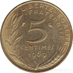 Монета. Франция. 5 сантимов 1969 год.