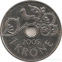 Монета. Норвегия. 1 крона 2005 год.