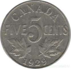 Монета. Канада. 5 центов 1929 год.