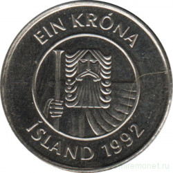 Монета. Исландия. 1 крона 1992 год.