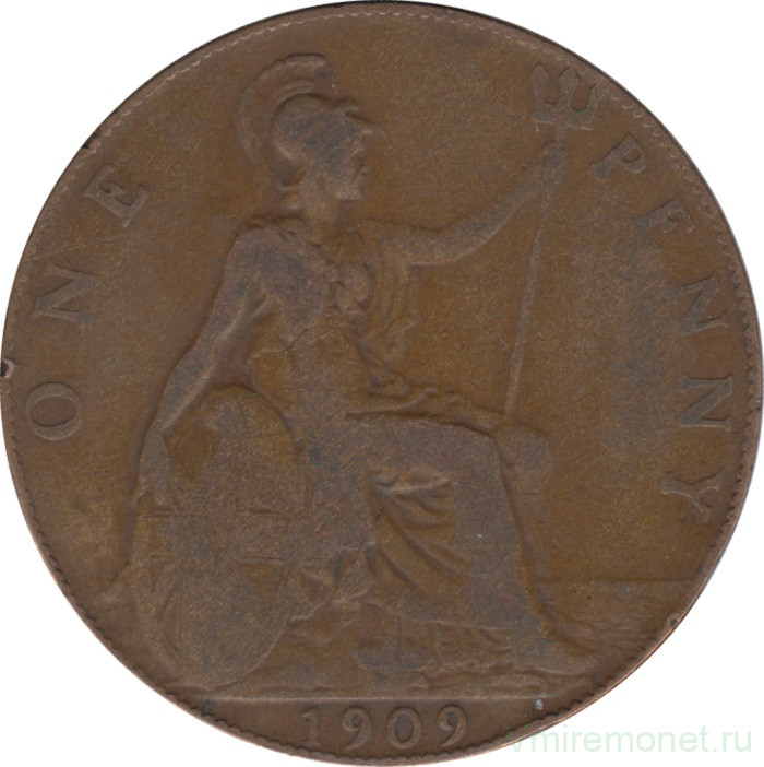 Монета. Великобритания. 1 пенни 1909 год.