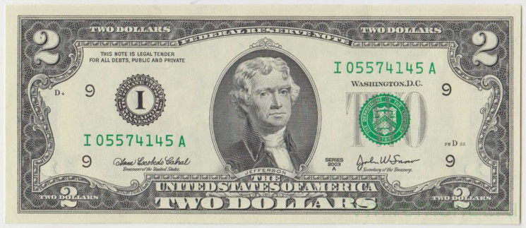 Банкнота. США. 2 доллара 2003 год. Серия I.