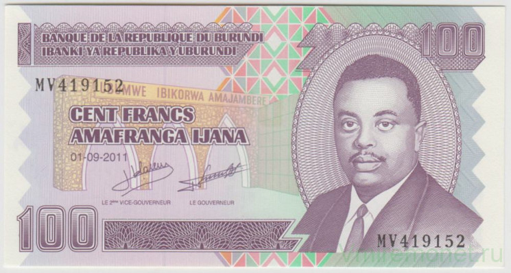 Банкнота. Бурунди. 100 франков 2011 год.