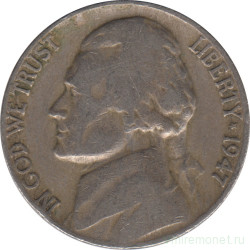 Монета. США. 5 центов 1947 год. Монетный двор D.