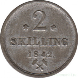 Монета. Норвегия. 2 скиллинга 1842 год.