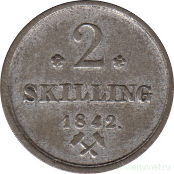 Монета. Норвегия. 2 скиллинга 1842 год.