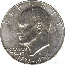 Монета. США. 1 доллар 1976 год. 200 лет независимости США. Монетный двор S. Серебро. Вариант шрифта 1.