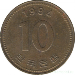 Монета. Южная Корея. 10 вон 1994 год.