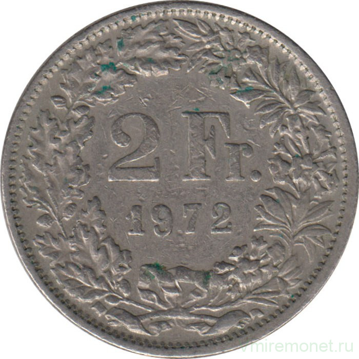 Монета. Швейцария. 2 франка 1972 год.