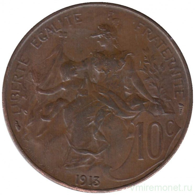 Монета. Франция. 10 сантимов 1913 год. 