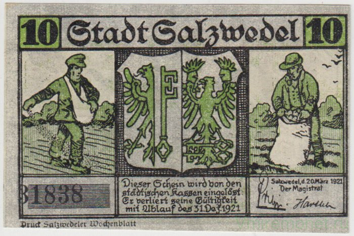 Бона. Нотгельд. Германия. Город Зальцведель. 10 пфеннигов 1921 год. Вариант 1162.1.а.2.