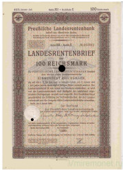 Облигация. Германия. Третий рейх. Прусский государственный пенсионный банк. Облигация на 100 рейхсмарок с 2.01.1940 по 1.10.1943.