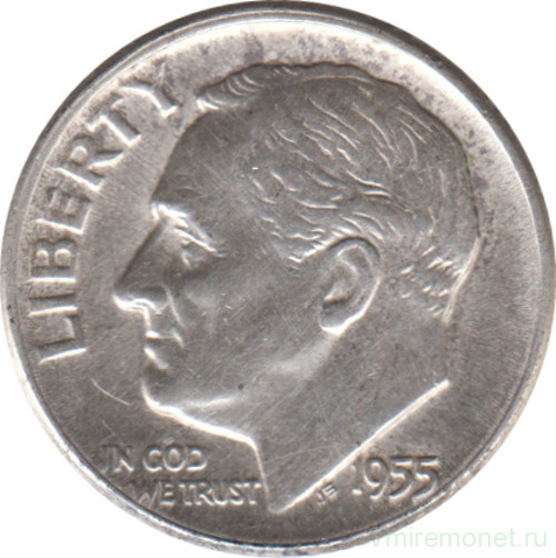 Монета. США. 10 центов 1955 год. Серебряный дайм Рузвельта.