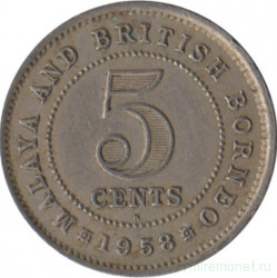 Монета. Малайя и Британское Борнео (Малайзия). 5 центов 1958 год.