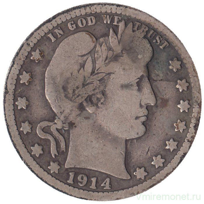 Монета. США. 25 центов 1914 год.
