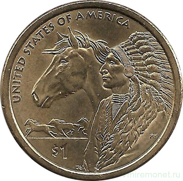 Монета. США. 1 доллар 2012 год. Сакагавея, индеец с лошадью. Монетный двор P.