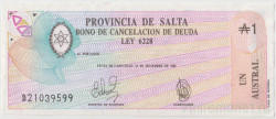 Банкнота. Аргентина. Провинция Сальта. 1 аустраль 1986 год.