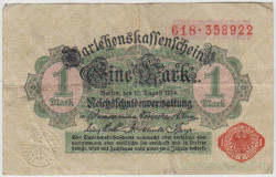 Банкнота. Кредитный билет. Германия. Германская империя (1871-1918). 1 марка 1914 год. С фоновой сеткой. Печать и номер - красные.