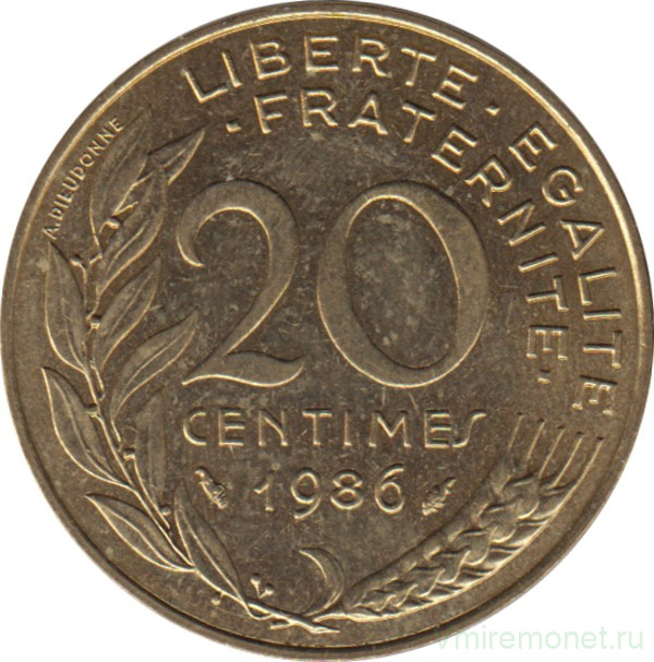 Монета. Франция. 20 сантимов 1986 год.