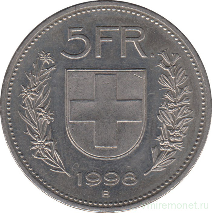 Монета. Швейцария. 5 франков 1998 год.