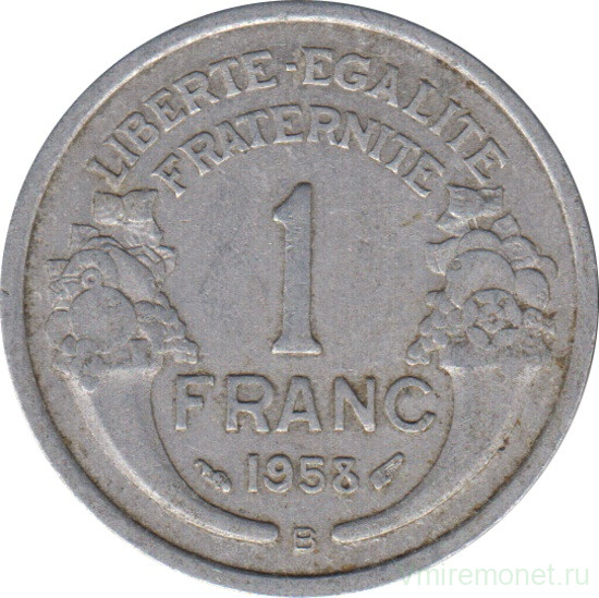 Монета. Франция. 1 франк 1958 год. Монетный двор - Бомон-ле-Роже.
