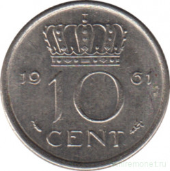 Монета. Нидерланды. 10 центов 1961 год.