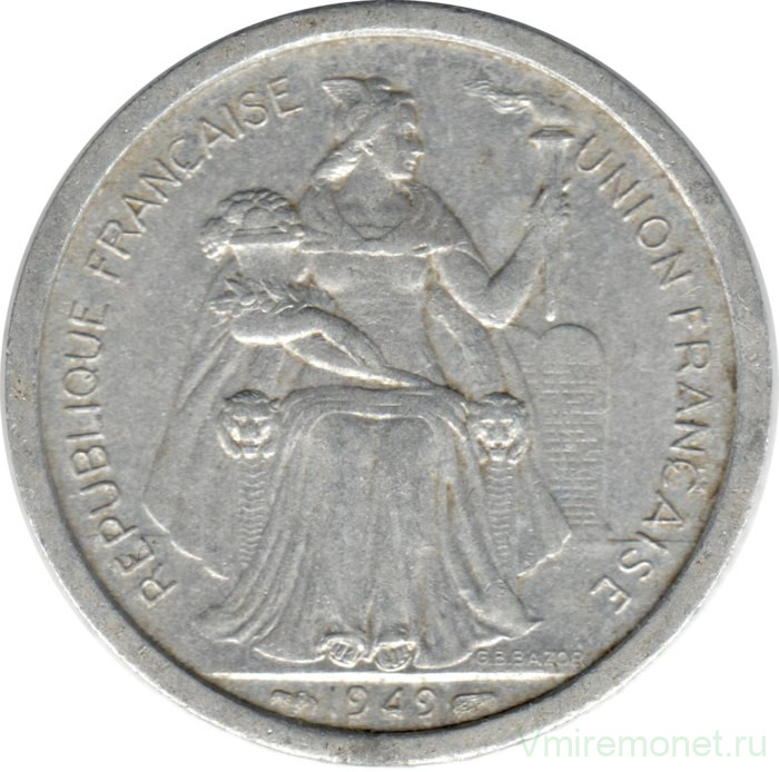 Монета. Французская Океания. 2 франка 1949 год.