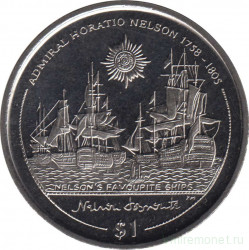 Монета. Великобритания. Британские Виргинские острова. 1 доллар 2005 год. Горацио Нельсон. Любимые корабли Нельсона.