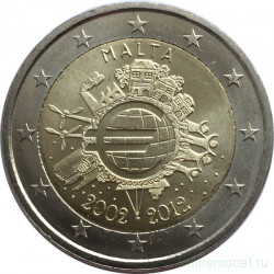 Монета. Мальта. 2 евро 2012 год. 10 лет наличного обращения евро.