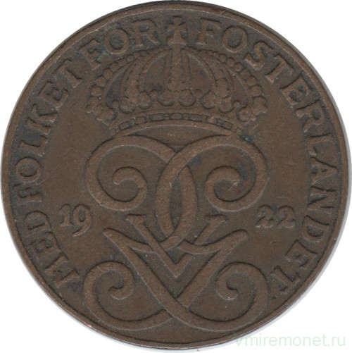 Монета. Швеция. 2 эре 1922 год.