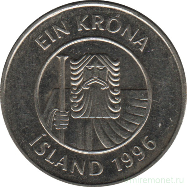 Монета. Исландия. 1 крона 1996 год.