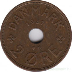 Монета. Дания. 2 эре 1937 год.