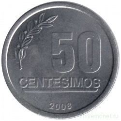 Монета. Уругвай. 50 сентесимо 2008 год.
