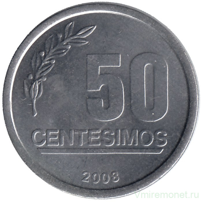 Монета. Уругвай. 50 сентесимо 2008 год.