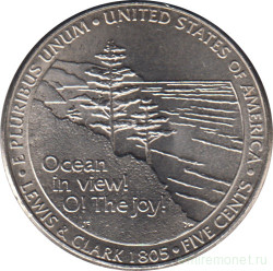 Монета. США. 5 центов 2005 год. 200 лет экспедиции Льюиса и кларка - Выход к океану. Монетный двор D.
