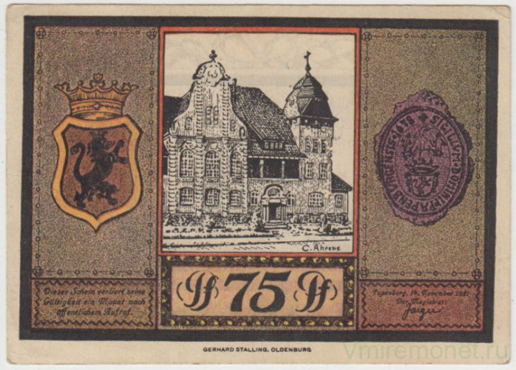 Бона. Нотгельд. Германия. Город Падерборн. 75 пфеннигов 1921 год. Вариант 1044.2.2.