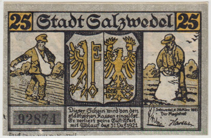 Бона. Нотгельд. Германия. Город Зальцведель. 25 пфеннигов 1921 год. Вариант 1162.1.а.3.