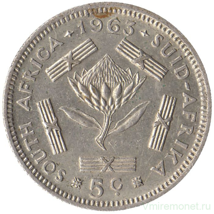 Монета. Южно-Африканская республика (ЮАР). 5 центов 1963 год.