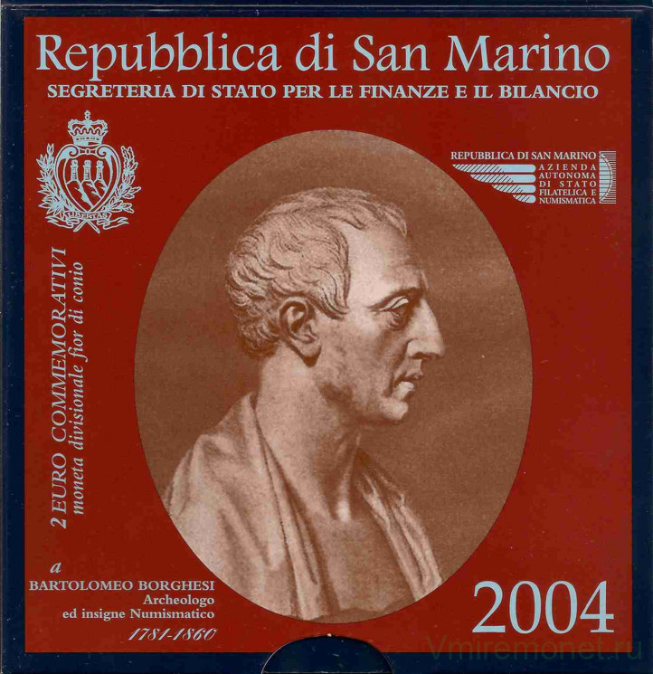 Монета. Сан-Марино. 2 евро 2004 год. Бартоломео Боргези. Буклет, коинкарта.