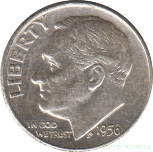 Монета. США. 10 центов 1956 год. Серебряный дайм Рузвельта. Монетный двор D.