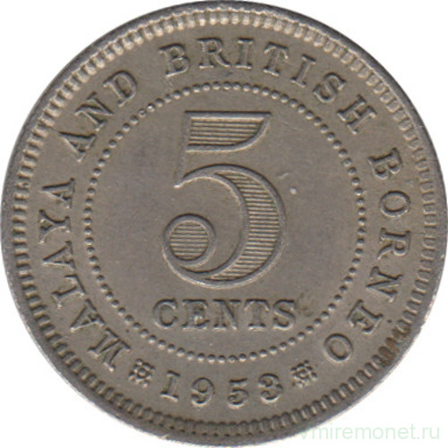 Монета. Малайя и Британское Борнео (Малайзия). 5 центов 1953 год.