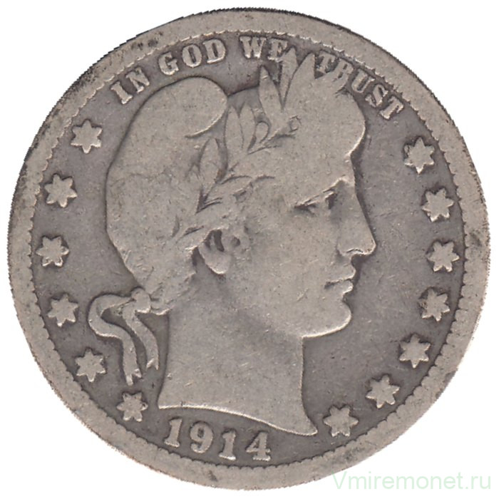 Монета. США. 25 центов 1914 год. Монетный двор D.